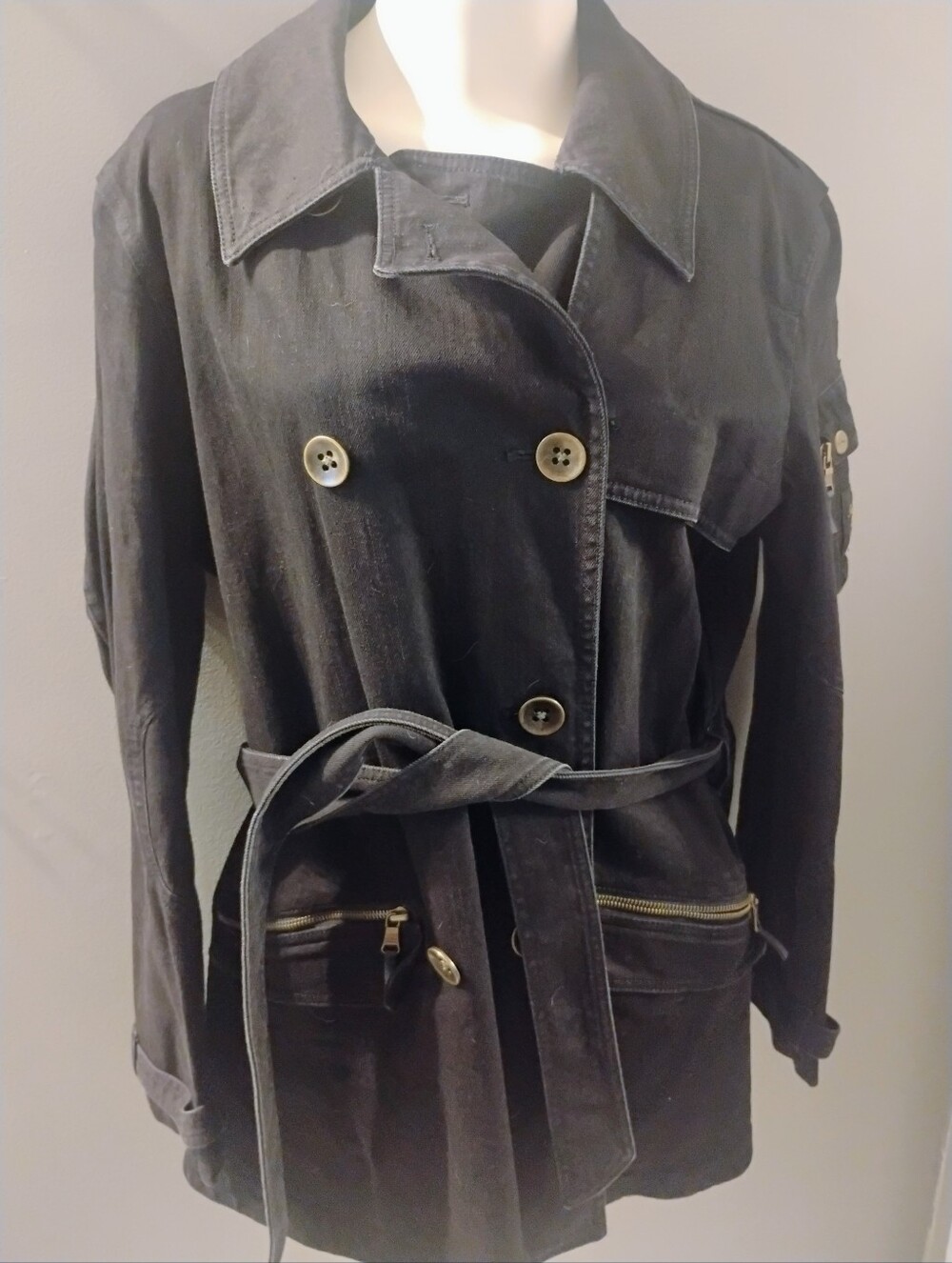 $179 Women's LRL Ralph Lauren  Manhattan Black Denim Trench Utility Jacket XL